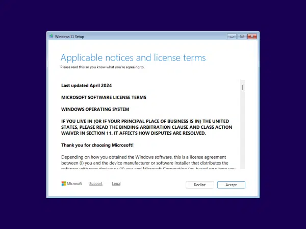 Windows 11 Terms of Service at installation time.