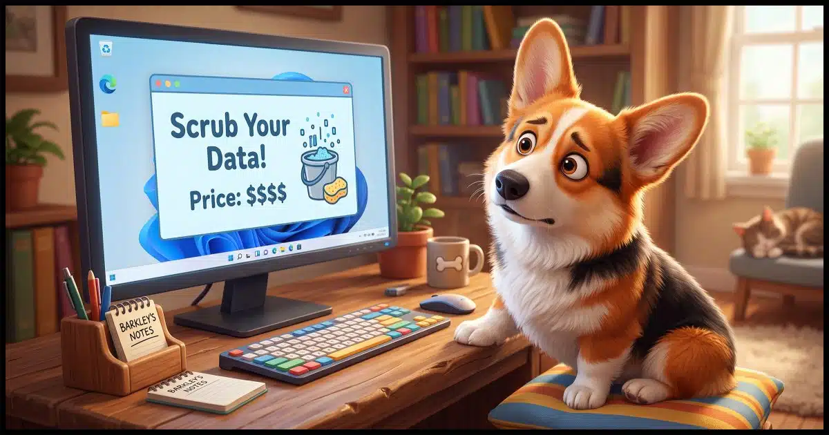 A Corgi looking quizzically at a Windows PC computer screen which has on it:Scrub Your Data! Price: $$$$