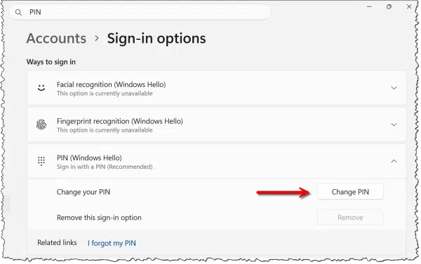Settings App Change PIN button.