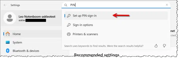 Searching for PIN setup in the settings app.