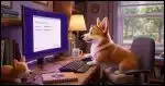 A corgi in a home office with a PC displaying the Windows 11 Setup initial image, selecting "Corgi" as the language.