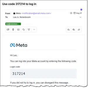 Example of a login code sent via email.