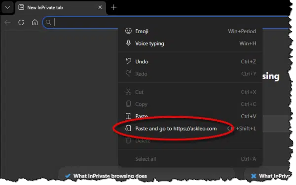 "Paste and go" in the address bar.
