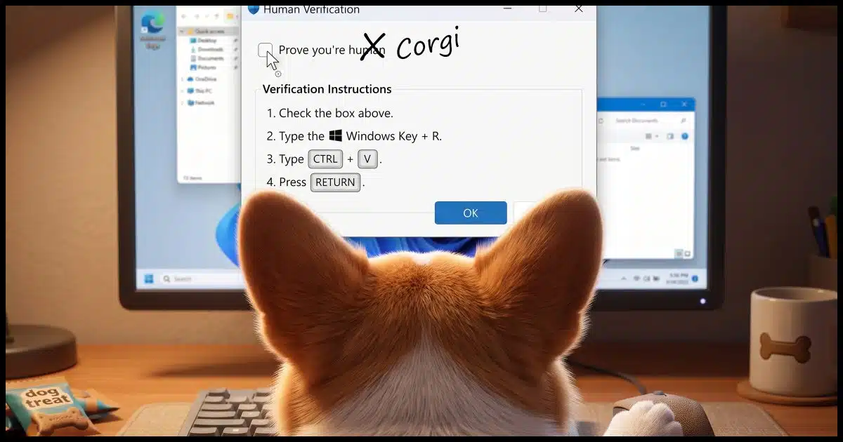 A close up over-the-shoulder perspective of a Corgi using a Windows computer with a "Prove you're a Corgi" message on screen.