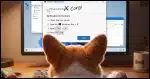 A close up over-the-shoulder perspective of a Corgi using a Windows computer with a "Prove you're a Corgi" message on screen.