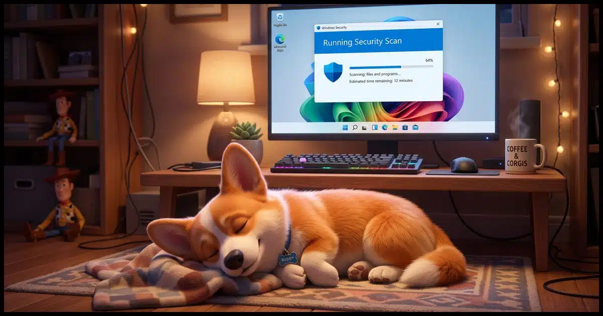 Corgi lounging in front of his Windows 11 PC which displays a message "Running Security Scan"