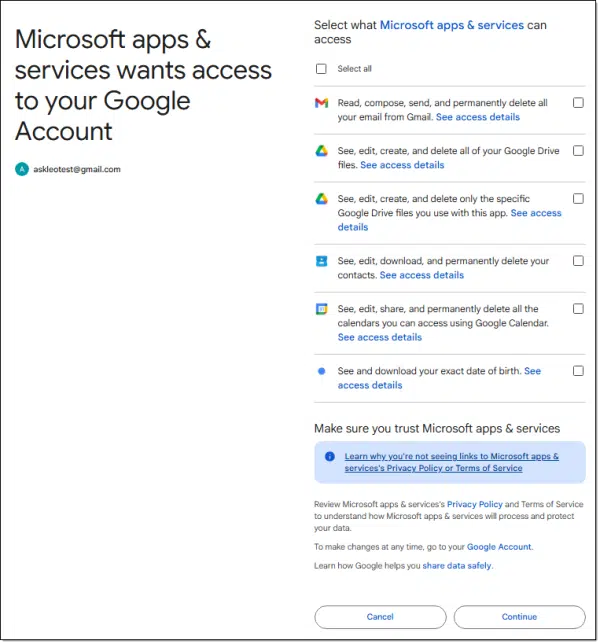 Example of Microsoft requesting access to a Google account.