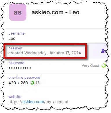 Passkey in my 1Password vault entry for askleo.com.