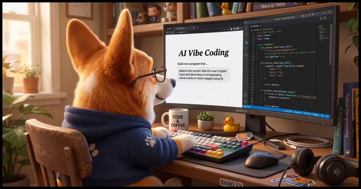An over the shoulder close up of Corgi computer programmer sitting at his desk. On his Windows PC is a split screen with the right half showing dense Python code of some sort, and the left showing a title of "AI Vibe Coding" and text "Build me a program that ..."