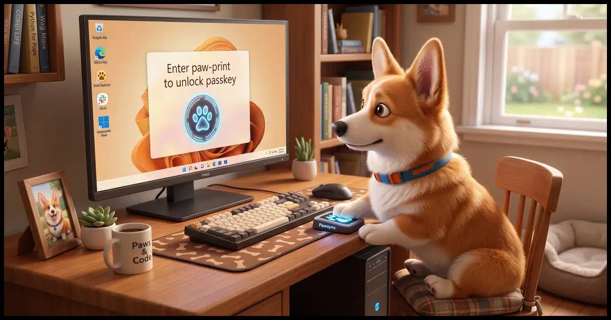 A Corgi sitting at a Windows computer which displays a message "Enter paw-print to unlock passkey"