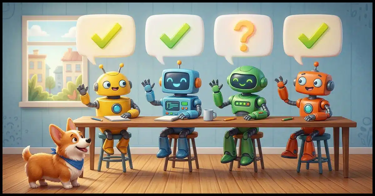 A Corgi standing in front of Four friendly cartoon robots sitting side by side at a long table, each holding up a speech bubble. Three bubbles hold the same green checkmark, while one holds a bright orange question mark.