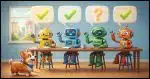 A Corgi standing in front of Four friendly cartoon robots sitting side by side at a long table, each holding up a speech bubble. Three bubbles hold the same green checkmark, while one holds a bright orange question mark.