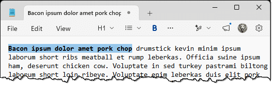 Selected text after clicking the Bold icon.