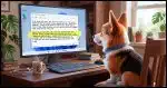 An over-the-shoulder view of a Corgi looking at a Windows 11 computer screen displaying a Notepad-style window with a bright yellow highlight sweeping across playful "bacon ipsum" text, a mouse pointer mid-drag.