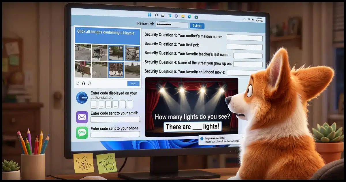 An over-the-shoulder close up view of a Corgi sitting in front of a Windows computer screen. The screen is full of authentication requests including a password field across the top, with a "click all images containing a bicycle" CAPTCHA, as well as entry fields for "Your mother's maiden name:", "Your first pet:", "Your favorite teachers", Also included is an image of 4 spotlights above a stage pointed at the camera with the question "How many lights do you see", with an entry field "There are ___ lights!" Also included is a field to "Enter code displayed on your authenticator:", as well as a field to "Enter code sent to your email:" and a field to "Enter code sent to your phone:". The Corgi's fur is standing on-end as if surprised and overwhelmed by the number of entries displayed.