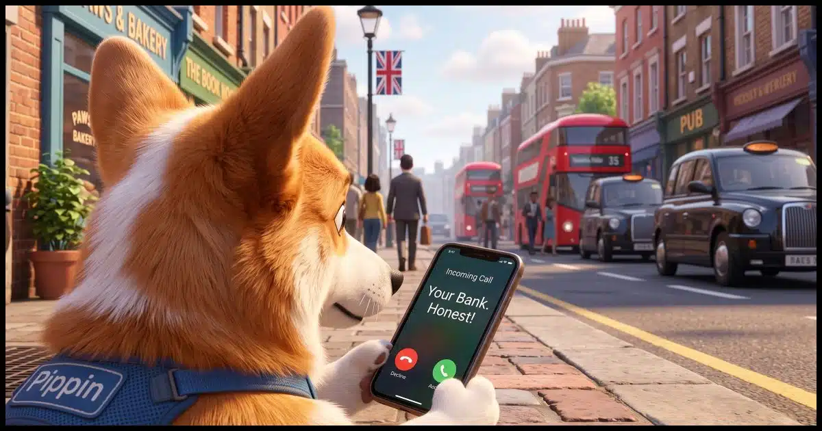 A Corgi outside on a busy street holding a smartphone displaying an incoming call from "Your Bank. Honest!"