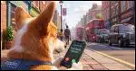A Corgi outside on a busy street holding a smartphone displaying an incoming call from "Your Bank. Honest!"
