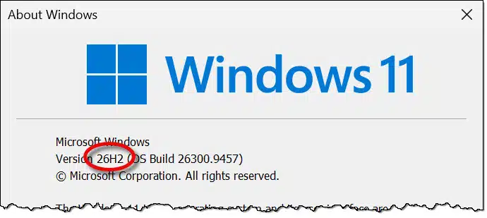 About Windows 11, showing 26H2.