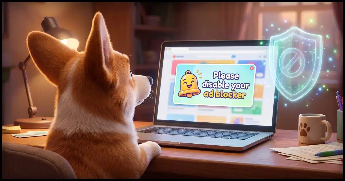An over the shoulder view of a puzzled Corgi at a laptop, looking at a big friendly pop-up that says "Please disable your ad blocker," while a translucent, ghostly shield floats beside the screen.