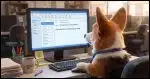 An over-the-shoulder close up view of a Corgi in a business setting looking at a computer screen displaying an email message with the subject "Why weren't you at the meeting!" and a body that begins "It's almost like you're ignoring my email...."