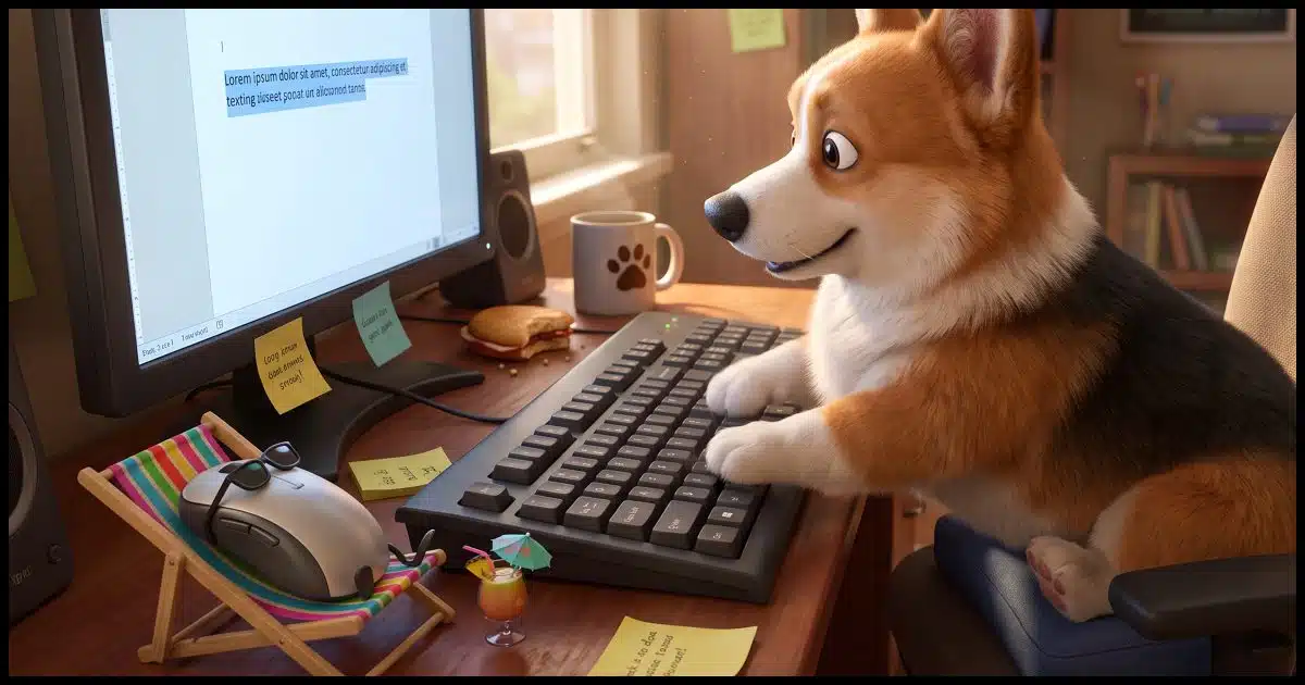 A Corgi using a keyboard at a desktop PC. The screen shows a document with a sentence selected. An actual computer mouse is lounging in a tiny beach chair beside the keyboard, sunglasses on, while two paws type confidently.