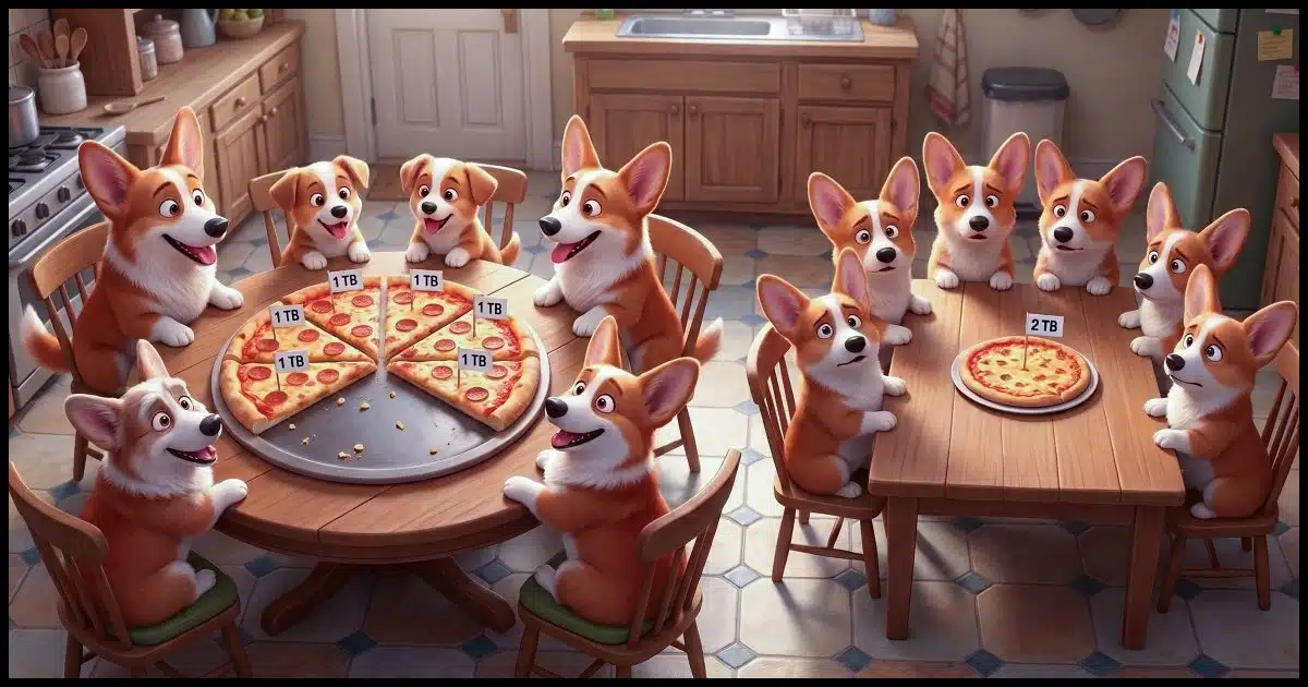 A family of six Corgis sitting around a kitchen table, where a large pizza is cut into 6 slices. Each slice is labeled "1 TB". Next to them is another table of 6 Corgis, staring at a smaller single uncut pizza in the middle labeled "2 TB".