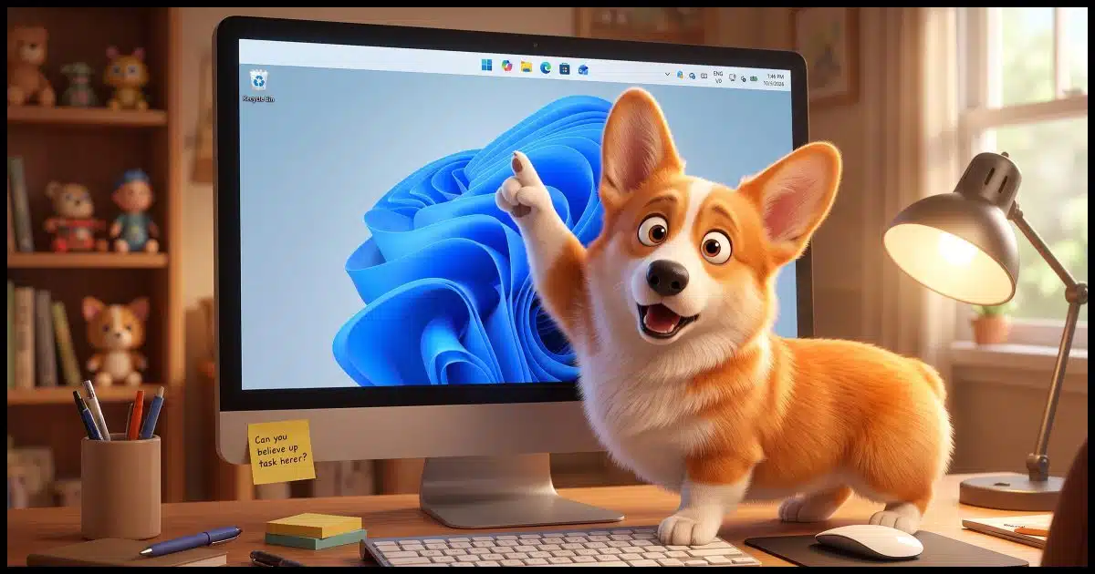 A Windows desktop displayed on a computer screen. A Corgi stands in front of the computer looking at us, but pointing to the taskbar that is now at the top of the screen.