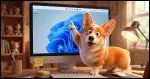 A Windows desktop displayed on a computer screen. A Corgi stands in front of the computer looking at us, but pointing to the taskbar that is now at the top of the screen.