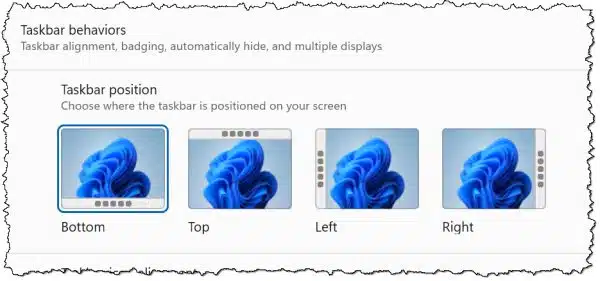 Taskbar position setting in Windows 11.