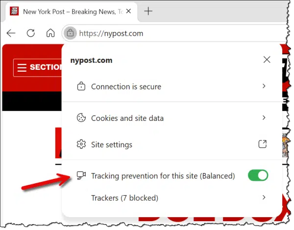 Tracking prevention setting in Microsoft Edge.